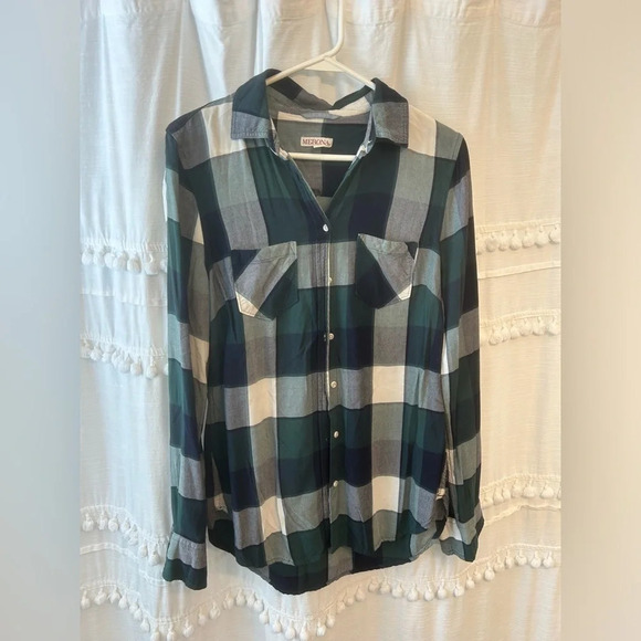 Merona plaid long sleeve button down green and blue size S - Picture 1 of 9